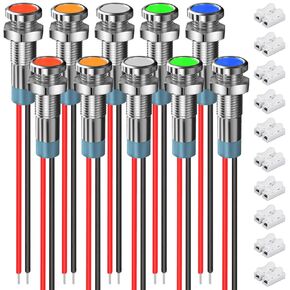 10 Pcs 6mm 12-24V LED Indicator Light 5 Color(Green/Yellow/Red/Blue/White) Waterproof Metal Flat Head Panel Mount Signal Indicator Dash Light for Electronic Project with Connector