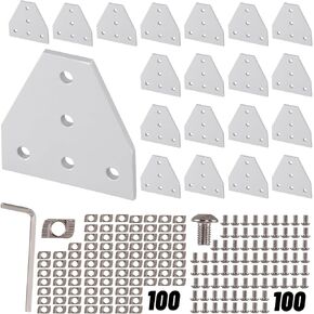 10Pcs L Shape & 10Pcs T Shape 2020 Corner Bracket Joint Plate 5 Hole Aluminum Extrusion Connector with 100Pcs T-Nuts, 100Pcs Screws and 1Pc Wrench for 20 x 20mm Series Extrusion Profile