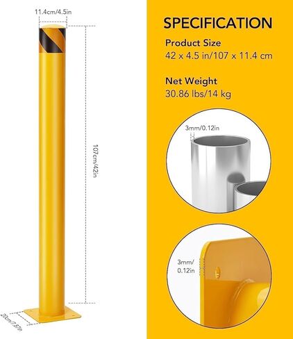 Safety Bollard 6 حزم ، 42 بوصة مرتفعة شاقة الصفراء الصلب ، بقطر الفولاذ ، 4.5 بوصة قطره ، بولارد السلامة مع 16 مسامير مرساة - مثالية للتحكم في حركة المرور ، حواجز الممرات ، أعمدة وقوف السيارات in Kuwait