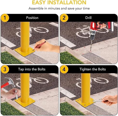 Safety Bollard 6 حزم ، 42 بوصة مرتفعة شاقة الصفراء الصلب ، بقطر الفولاذ ، 4.5 بوصة قطره ، بولارد السلامة مع 16 مسامير مرساة - مثالية للتحكم في حركة المرور ، حواجز الممرات ، أعمدة وقوف السيارات in Kuwait