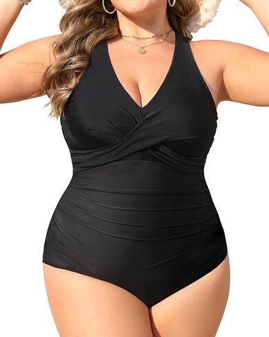 Daci Plus Size One Piece Swimsuit - Tummy Control Bathing Suit for Women V Neck Retro Twist Front Full Coverage Swimwear in Kuwait