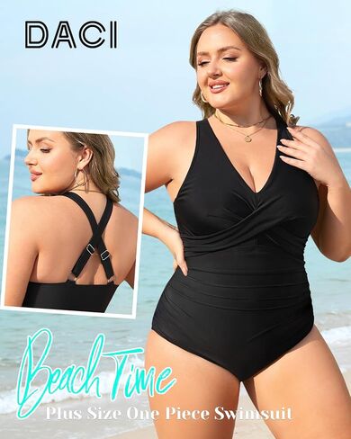 Daci Plus Size One Piece Swimsuit - Tummy Control Bathing Suit for Women V Neck Retro Twist Front Full Coverage Swimwear in Kuwait