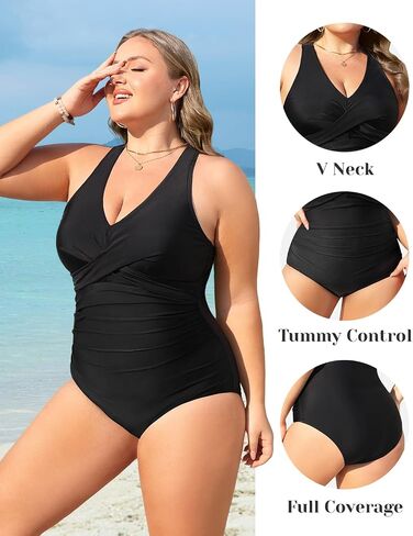 Daci Plus Size One Piece Swimsuit - Tummy Control Bathing Suit for Women V Neck Retro Twist Front Full Coverage Swimwear in Kuwait