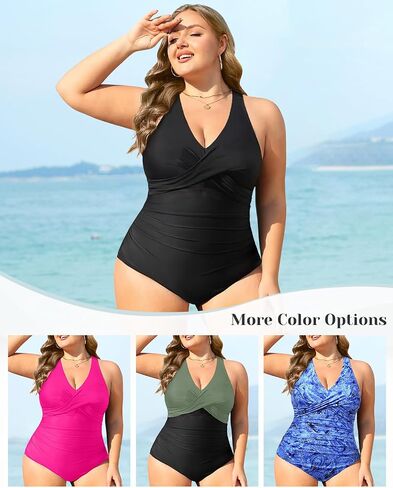 Daci Plus Size One Piece Swimsuit - Tummy Control Bathing Suit for Women V Neck Retro Twist Front Full Coverage Swimwear in Kuwait
