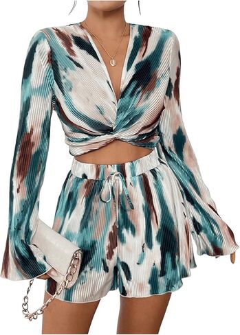 Verdusa Women's 2 Piece Outfit Twist Bell Sleeve Crop Top and Wide Leg Shorts Sets in Saudi Arabia