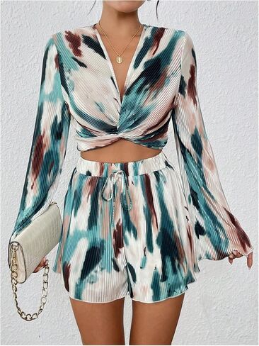 Verdusa Women's 2 Piece Outfit Twist Bell Sleeve Crop Top and Wide Leg Shorts Sets in Saudi Arabia