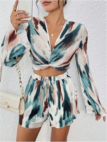 Verdusa Women's 2 Piece Outfit Twist Bell Sleeve Crop Top and Wide Leg Shorts Sets in Saudi Arabia