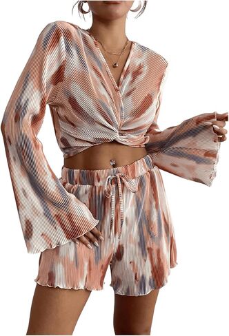 Verdusa Women's 2 Piece Outfit Twist Bell Sleeve Crop Top and Wide Leg Shorts Sets in Saudi Arabia