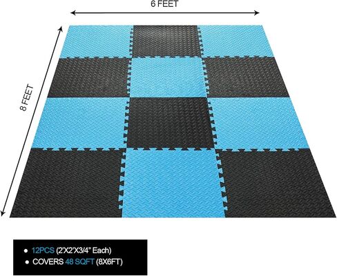 3/4 in Thick 48 Sq Ft EVA Foam Exercise Gym Mats 12 Pcs - Interlocking Puzzle Floor Tiles for Home Gym Heavy Workout Equipment Flooring - 24 x 24in Tile, Black & Blue in Saudi Arabia