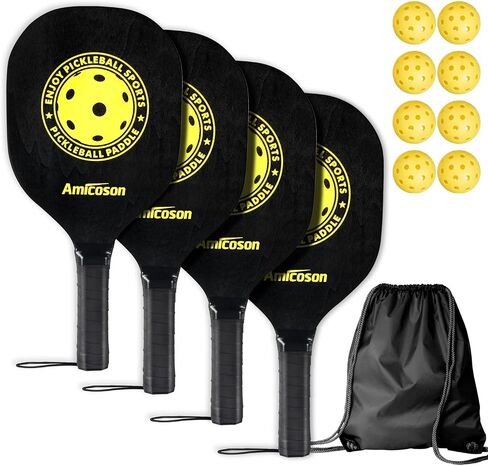 Amicoson Pickleball Paddles - Pickleball Set of 4 Paddles, Indoor & Outdoor Pickleball Balls, Pickleball Paddle Set of 4 Wood Pickleball Racket Ergonomic Cushion Grip, 8 Pickleball Balls & 1 Carry Bag in Saudi Arabia