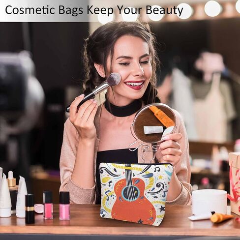 Women Makeup Organizer Bag Guitar Music Notes Musical Instrument Guitar Flax Cosmetic Bag Makeup Bags Toiletry Bag Accessories Organizer Travel Bags For Home Bathroom Office Hotel Gym in Saudi Arabia