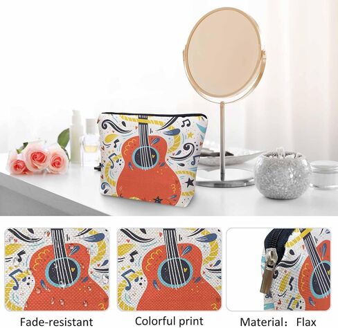 Women Makeup Organizer Bag Guitar Music Notes Musical Instrument Guitar Flax Cosmetic Bag Makeup Bags Toiletry Bag Accessories Organizer Travel Bags For Home Bathroom Office Hotel Gym in Saudi Arabia