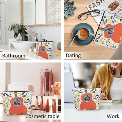 Women Makeup Organizer Bag Guitar Music Notes Musical Instrument Guitar Flax Cosmetic Bag Makeup Bags Toiletry Bag Accessories Organizer Travel Bags For Home Bathroom Office Hotel Gym in Saudi Arabia