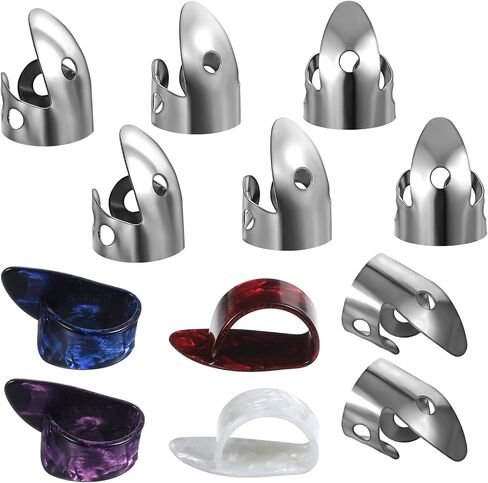12pcs Steel Finger Picks Set, Includes 8pcs Silver Steel Finger Picks and 4pcs Plastic Celluloid Thumb Picks Adjustable Metal Bass Plectrum for Acoustic Guitar Banjos Mandolin Harp in Saudi Arabia