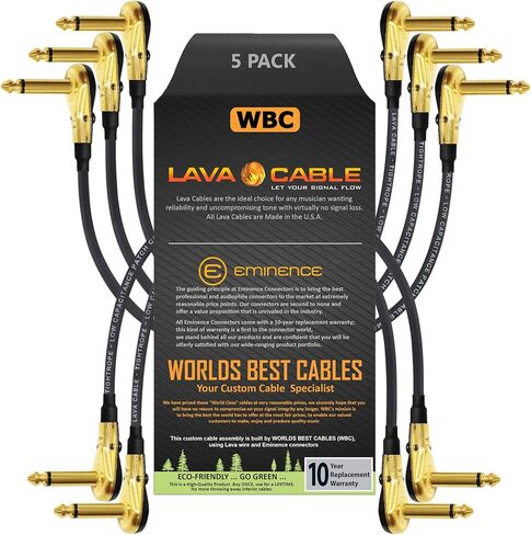 5 Units - Lava Tightrope (Black) - 10 Inch - Guitar Bass Effects Instrument, Patch Cable with Premium Gold Plated ¼ Inch (6.35mm) Low-Profile, Right Angled Pancake type TS Connectors in Saudi Arabia