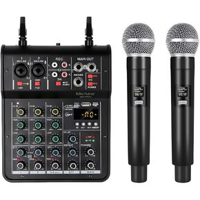 M4pro Audio Mixer, 4 Channel Mixer With Dual Wireless Mic, Sound Board Console MP3 Bluetooth 48V Phantom Power USB DJ Mixing for Home Karaoke Party Computer Studio Recording