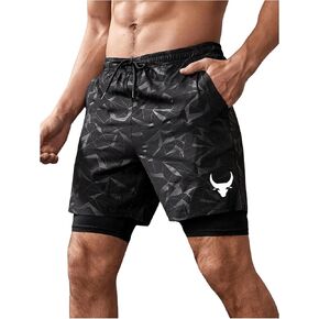 SHENHE Men's 2 in 1 Shorts with Liner Geo Graphic Bull Print Drawstring Workout Gym Shorts Activewear