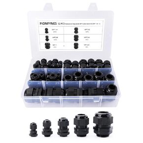 52PCS Cable Gland 3-25mm Waterproof Adjustable 1/4'', 3/8'', 1/2'', 3/4'', 1'' NPT Cable Gland Joints with Gaskets