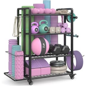 Adjustable Weight Rack for Home Gym Dumbbells, Yoga Mat Storage for Dumbbells Kettlebells Foam Roller, Ab Rollers and Resistance Bands, Large Capacity Gym Equipment Storage Rack with Wheels and Hooks