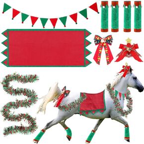 10 Pcs Christmas Horse Costume Accessories Horse Christmas Parade Costume Christmas Saddle Pad Horse Leg Wraps Horse Neck Garland Pennant Bow for Xmas Holiday Decor Party Parade Supplies