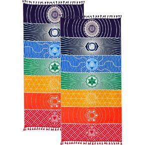 Neasyth 2Pcs Chakra Meditation Mat Yoga Rug Beach Sunscreen Shawl Spiritual Reiki Chakras Wall Decor Boho Pilates 59 in (Thin Polyester)