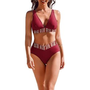 AI'MAGE High Waisted Bikini Set for Women Tummy Control Women's Two Piece Bathing Suit V Neck Sexy Color Block Swimsuit 2025