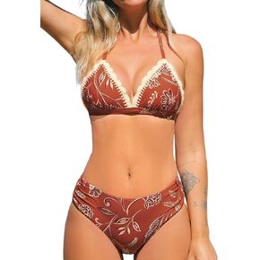 CUPSHE Women's Bikini Sets Two Piece Swimsuit Mid Rise Halter Triangle Tops V Neck Scalloped Crochet