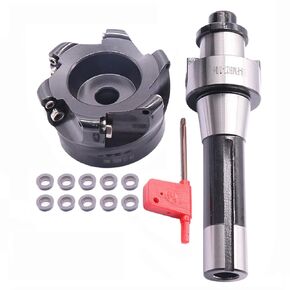 R8 FMB27 7/16-20 Shank Face End Mill Arbor and 3.15"/80mm Cutting Diameter 6 Flute EMR 5R80-27-6T CNC Face End Milling Shell Cutter with 10Pcs RPMW1003 Round Carbide Inserts and T15 Wrench