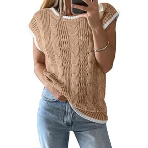 Dokotoo Tank Tops for Women Round Neck Cap Sleeve Color Block Cable Knit Womens Tank Tops Sweater Vest Women
