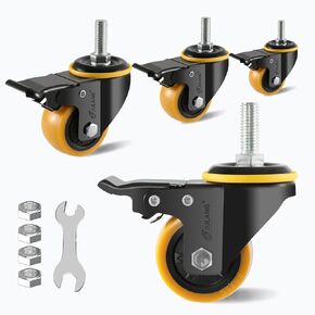 2 inch Locking Threaded Stem Caster Wheels Set of 4, 3/8'' Stem Castors (3/8" -16 x 1),Swivel and Noise Free, for Furniture,Carts,Clothes Racks,Cafeteria Mobile Shelves.