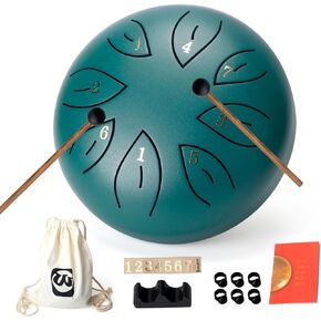 Steel Tongue Drum - 6 Inches 8 Notes Green Handpan Drum with Velvet Bag, Music Book, Drum Mallets, and Finger Picks - Christmas Gift for Yoga, Meditation, and Beginners