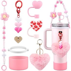 Valentine's Day Stanley Cup Accessories Set Water Bottle Handle Strap, Siliocne Stanley Cup Boot, Bow Straw Cover, Pearl Stanley Charms, Straw Topper for Stanley Cup 40oz & 30oz Tumbler (Pink)