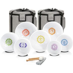 432 Hz Crystal Singing Bowls Chakra 6-12 Inch Set of 7 Paternoster Frosted Sound Bowl Meditation for Healing, 2 PCS Travel Carry Case Bag.