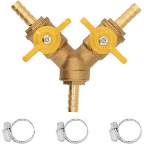 3 Way Shut Off Valve, 1/4" Hose Barb 2 Switch Brass Y Shaped Ball Valve Air/Fuel/Water