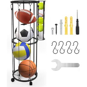 Garage Ball Storage Rack, Wall-Mounted Vertical Basketball Holder Comes with Baseball Tennis Basket, Removable Ball Rack with 4 Glove Hooks for Soccer Volleyball, Space-Saving Ball Organizer