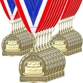 Remuuly 30 Pcs Happy Birthday Medals 2" Gold Birthday Cake Medals Award with Neck Ribbons Birthday Party Favors for Boys Girls Adults Baby Shower Birthday Celebration Decoration