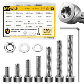 159 Pieces M6 Screw Metric Screw Assortment Kit, 304 Stainless Steel Hex Socket Head Cap Metric Screws M6 Bolts, Spring Lock & Flat Washers/Nuts/Hex Wrenches M6*8/12/16/20/25/30/35mm
