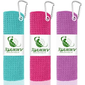 3 Pack Golf Towels, 16" x 16" Premium Microfiber Waffle-Pattern Golf Towel with Aluminum Carabiner Clip - Contains Golf Towels in 3 Colors of Pick, Purple and Cyan for Women's Golf Club Bag