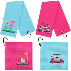4 Pcs Golf Towels for Golf Bags Golf Gifts for Men Women Golf Embroidered Towels Retirement Gift for Men Women Dad Mam Grandpa Husband Golf Fan Accessory(Pink, Green,Cute)