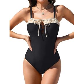 BMJL Womens One Piece Swimsuits Retro Black Tummy Control Bathing Suits Elegent Tie Front Swimwear