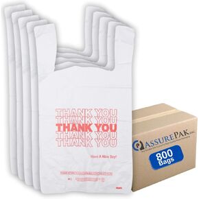 Easy Open - White 'Thank You' HDPE T-Shirt Bags - 1/6 BBL 11.5"X6"X21" - 800 Bags - 13 microns - White - 10010P813-EO