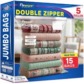 Large 5 Gallon Storage Bags with Double Zippers, Plastic Bags for Clothes, Blankets, and Closet Organization, 18"x24" [15 COUNT]