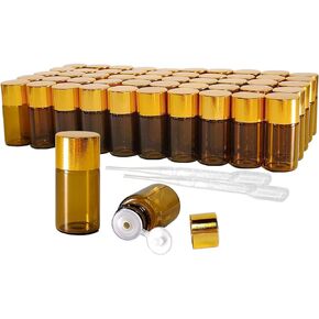 50Pcs 3ml Amber Mini Essential Oil Bottles Sample Bottles with Orifice Reducers and Gold Caps,3ml Amber Glass Bottles Vials,for Perfume Aromatherapy Cosmetic Oils Container
