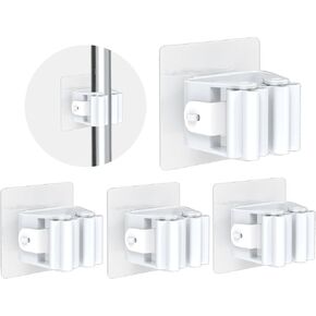3-H Mop Hanger 4 Pack,Broom Holder Wall Mount Self Adhesive，Broom Hanger Wall Mount for Hanging and Storaging Organizing Laundry Room Bathroom Closet Kitchen (White)