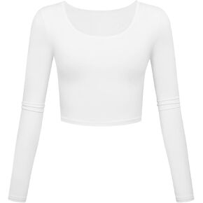 Long Sleeve Crop Tops for Women Workout Basic Clothes for Teen Ladies Fitted Slim Scoop Neck Cute Yoga Shirts (White, X-Large)