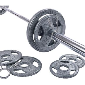 Signature Fitness Cast Iron Olympic 2-Inch Weight Plates Including 7FT Olympic Barbell, 130-Pound Set (85 Pounds Plates + 45 Pounds Barbell), Multiple Packages, X-Gen Style