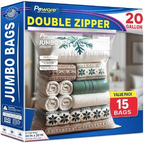 20 GALLON Jumbo Storage Bags, 4Mil Thick Giant Plastic Bags, Double Zipper Extra Large XXL Zip Top Baggies for Clothes Pillow Travel Moving, 24"x32" [15 COUNT]