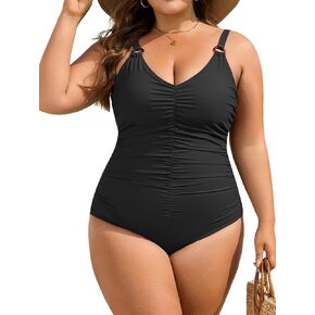 Plus Size One Piece Swimsuit for Women Tummy Control Ruched Bathing Suit Slimming V Neck Swimwear