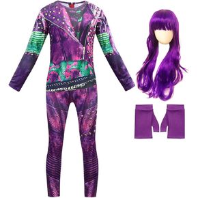 AmzApparel Descendants Mal Costume Girls Popular Musical Cosplay Clothes with Wig Kids Long Sleeve Jumpsuit Halloween Outfit