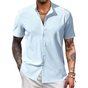 COOFANDY Men's Casual Button Down Short Sleeve Shirt Band Collar Shirts Textured Beach Summer Shirt